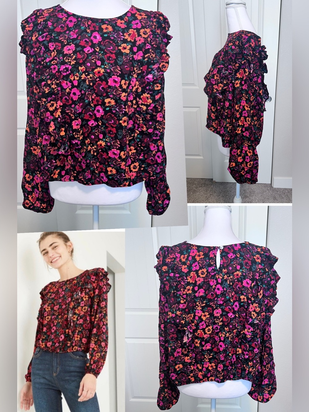 Wild Fable multicolor floral long sleeve ruffle top elastic bottom Sz 2X